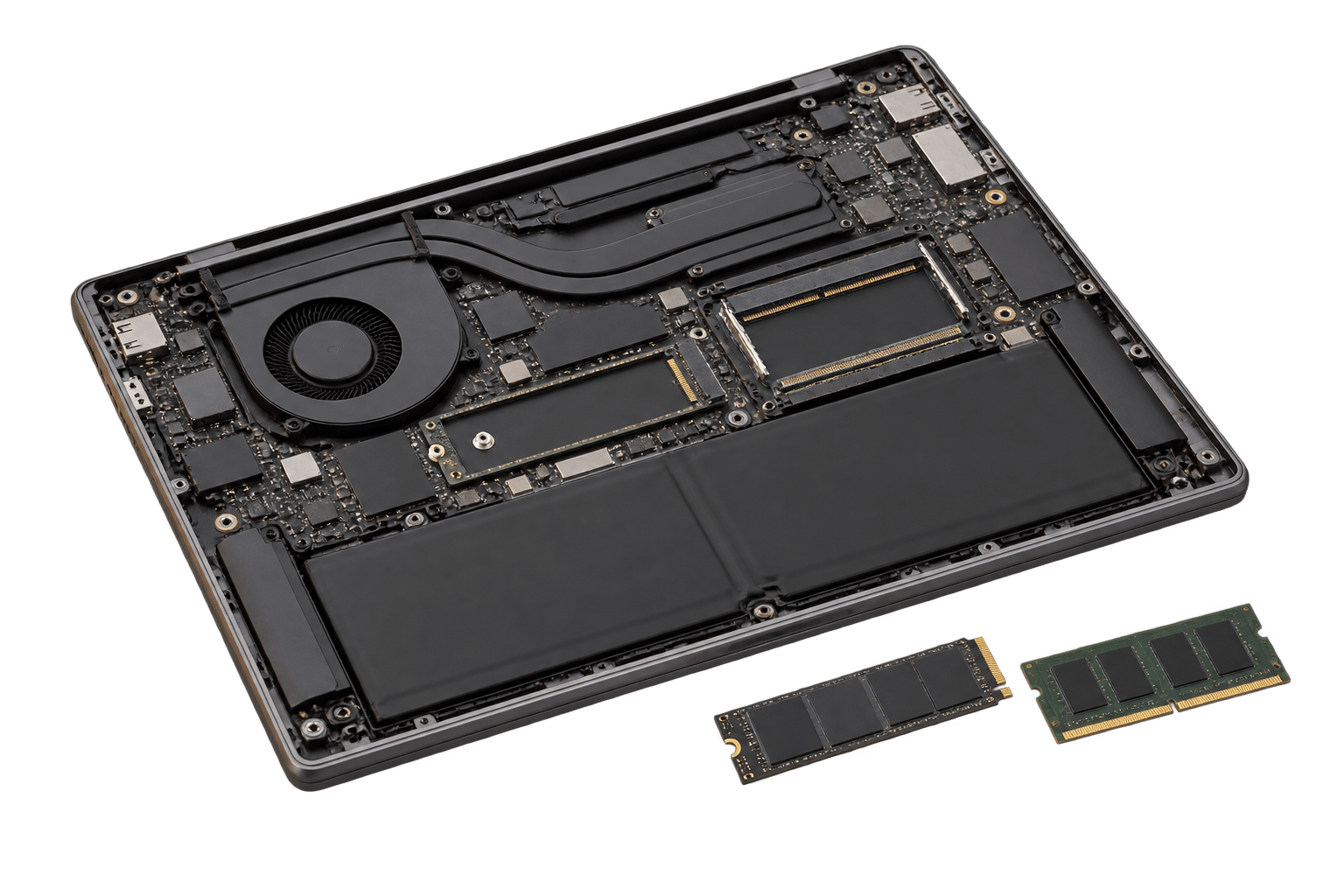 Ноутбук со снятой крышкой, новый SSD M.2 и планка оперативной памяти